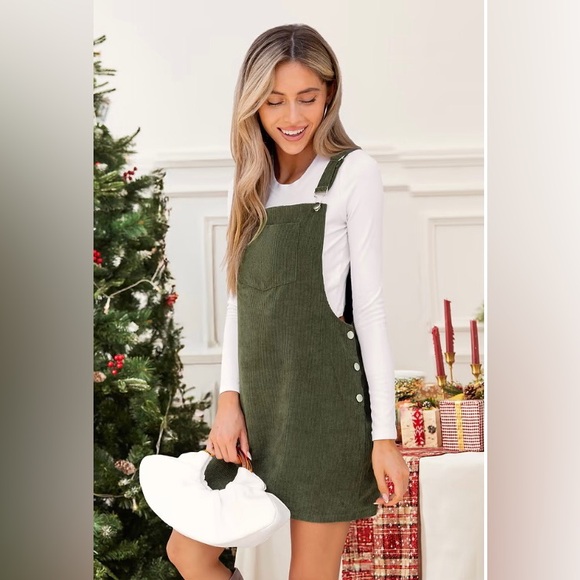 Cupshe Olive Corduroy Square Neck Overall Skirtalls Dress | New w/ Tags | Small - Picture 2 of 12